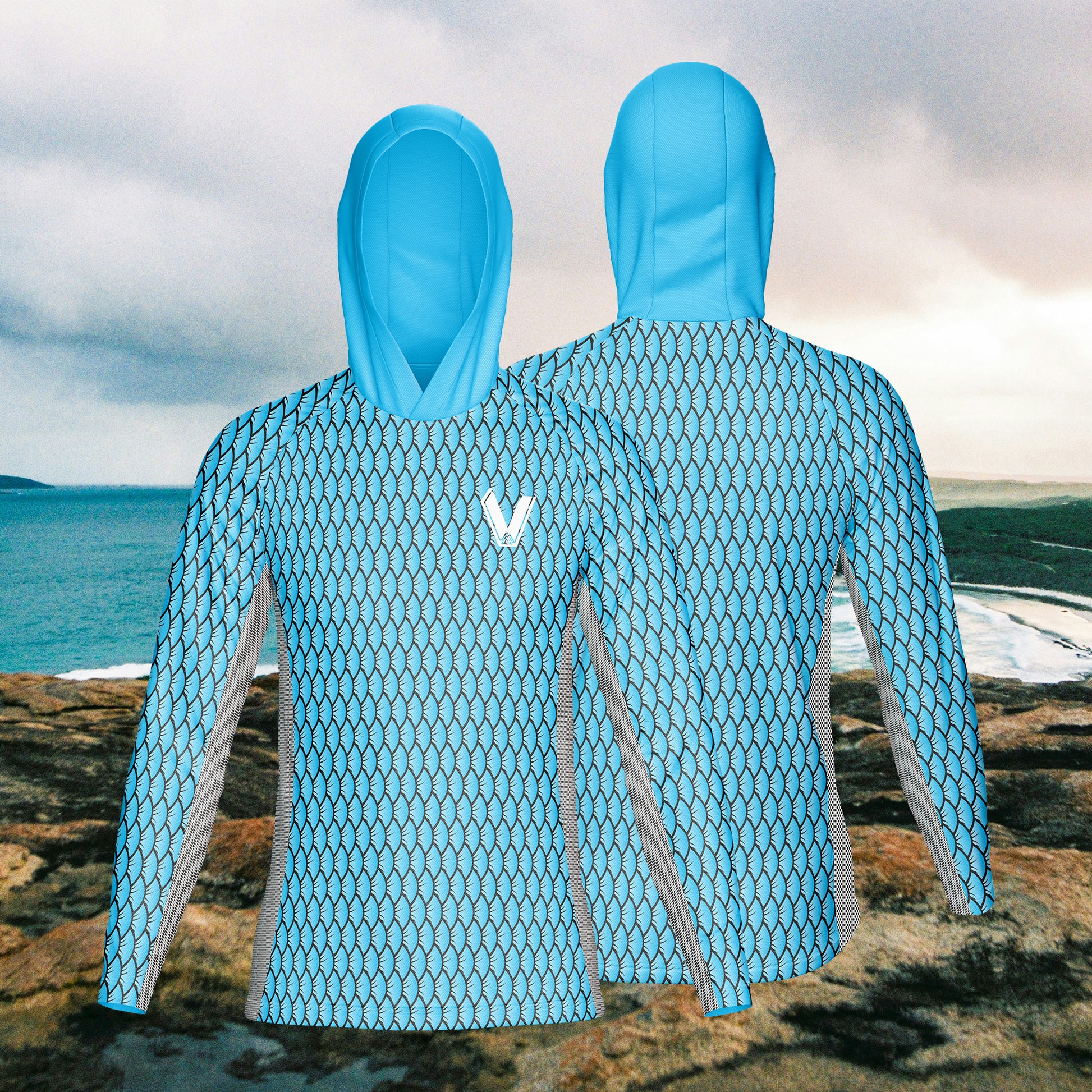 Fisherman wearing hooded sun protection shirt near water